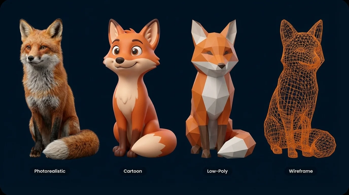 Various 3D character styles demonstrating universal style adaptation